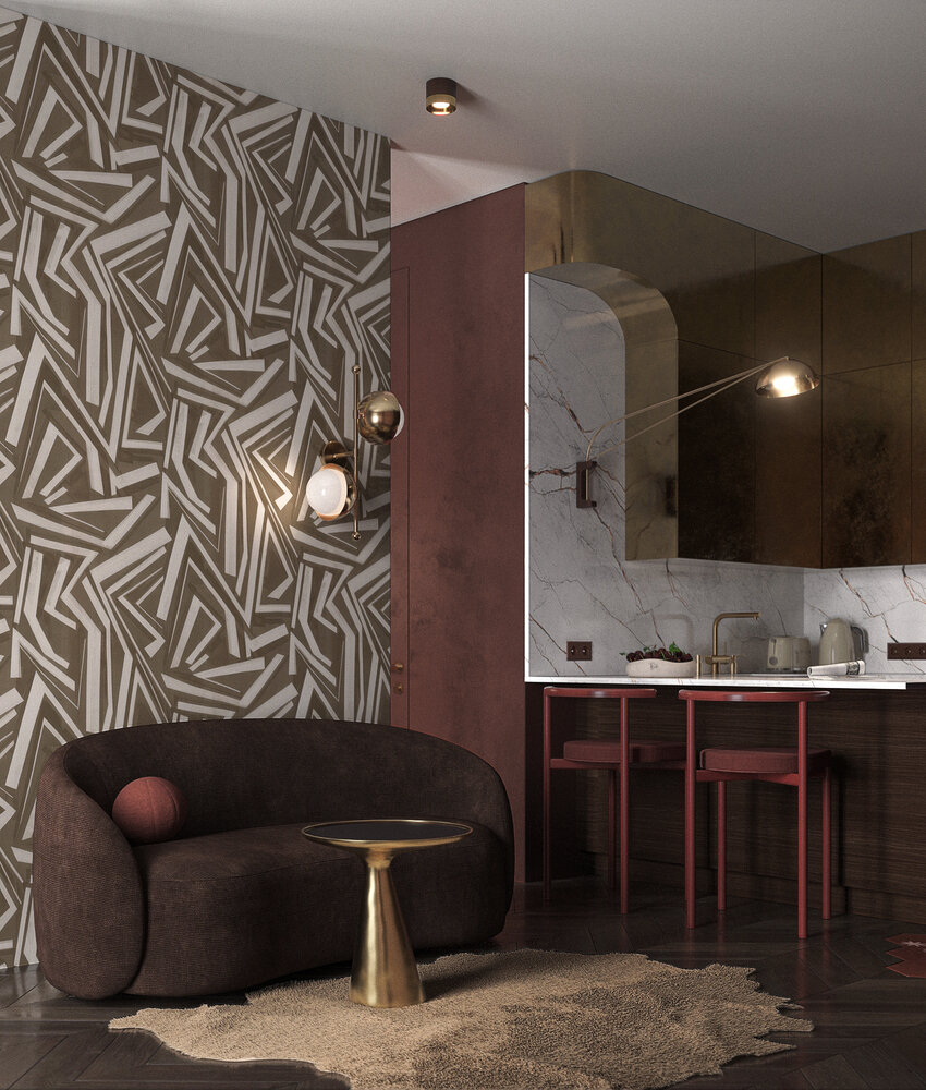 Зона спальни отделяется от зоны гостиной стеной-перегородкой в акцентных обоях от Harlequin. Зона спальни отделяется от зоны гостиной стеной-перегородкой в акцентных обоях от Harlequin.