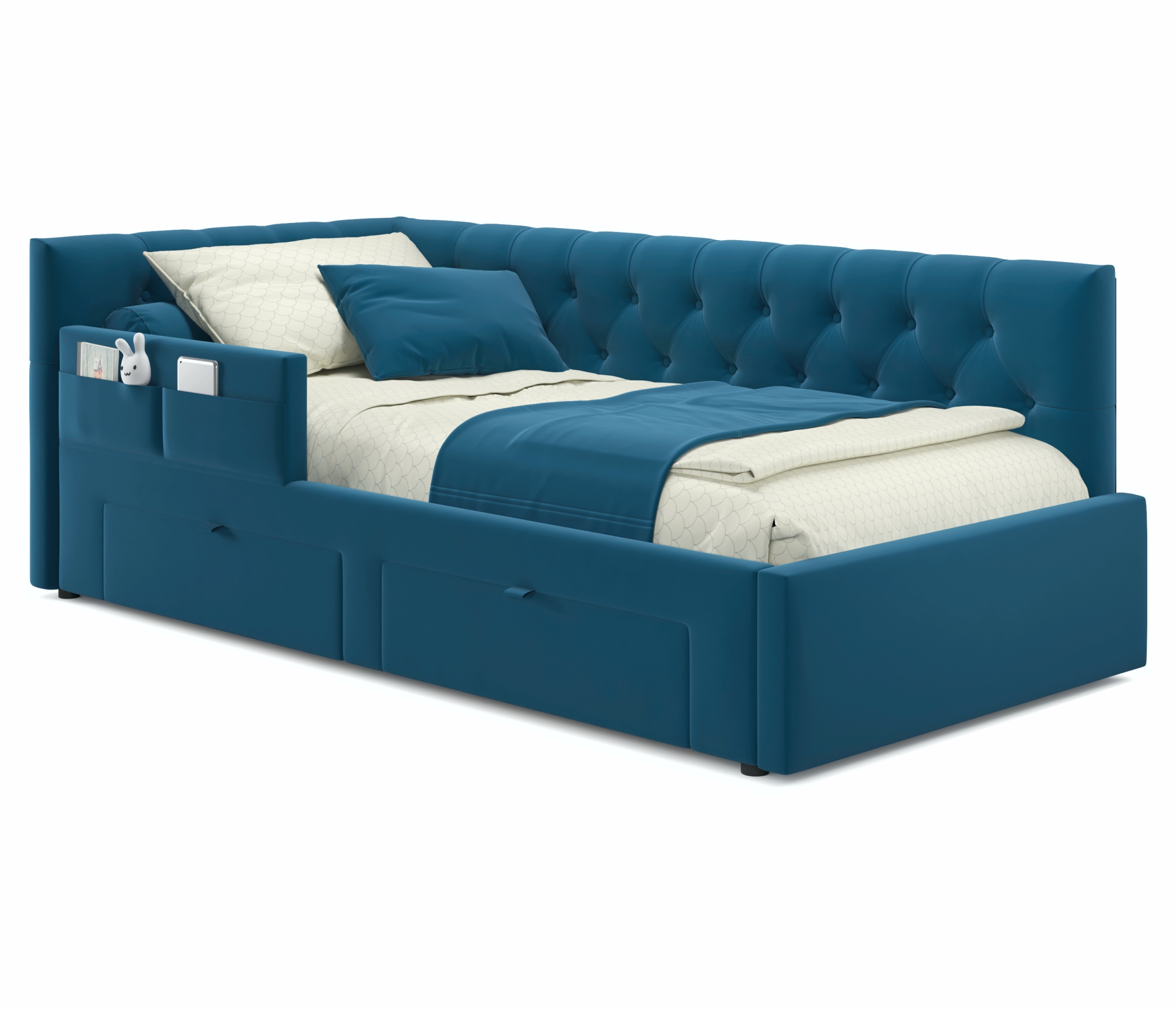 Кровать Afelia 90х200 синего цвета с двумя ящиками и бортиком