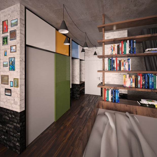 Фотография: Спальня в стиле Лофт, Эклектика, Квартира, Россия, Планировки, Мебель и свет, Белый, Проект недели, Черный, Зеленый, Желтый, Синий, Серый, Коричневый, Подмосковье, Красногорск, спальня-гостиная, Александр Колганов, Евгения Щепенок, model_bananova, как отгородить детскую в студии – фото на INMYROOM