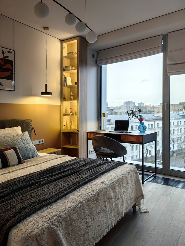 Фотография: Спальня в стиле Современный, Малогабаритная квартира, Квартира, Проект дня, Москва, Монолитный дом, 1 комната, до 40 метров, Юлия Гордеева, современный с элементами минимализма и скандинавского стиля, ЖК «Логос» – фото на INMYROOM