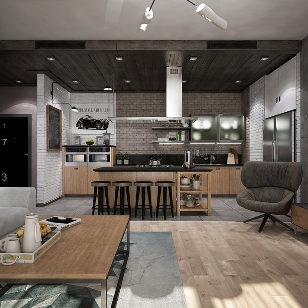 Фотография: Кухня и столовая в стиле Лофт, Квартира, Планировки, BoConcept, Мебель и свет, Минимализм, Проект недели, Черный, Москва, Бежевый, Желтый, Серый, Коричневый, Павел Алексеев, Arenaria, Scavolini, кухня-гостиная с эркером, лофт плюс минимализм, кухня-гостиная со входами в спальни – фото на INMYROOM