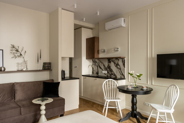 Фотография: Кухня и столовая в стиле Классический, Современный, Эклектика, Малогабаритная квартира, Квартира, Студия, Проект дня, Санкт-Петербург, Кирпичный дом, до 40 метров, Екатерина Шейн, современный с элементами лофта – фото на INMYROOM