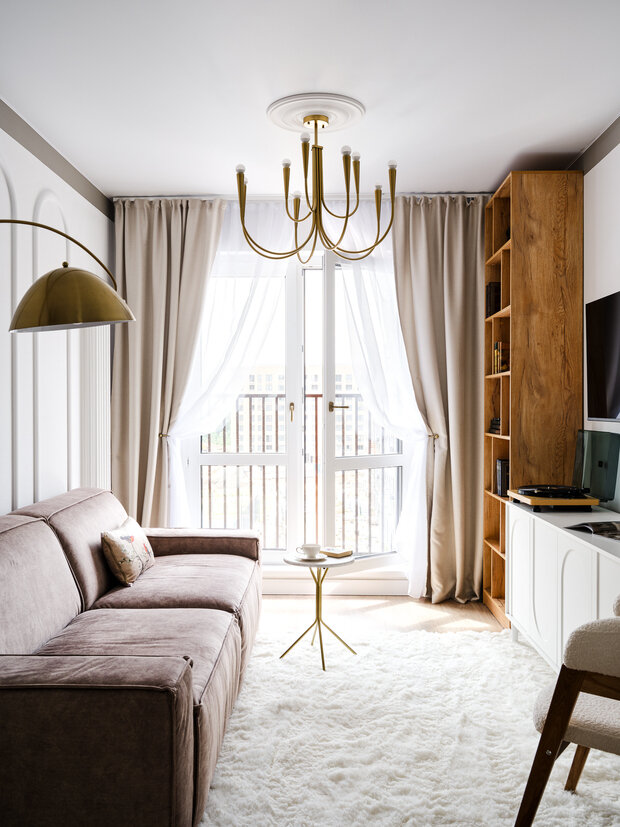 Фотография: Гостиная в стиле Современный, Малогабаритная квартира, Квартира, Проект дня, Красногорск, Московская область, 1 комната, до 40 метров, Ольга Мирзабаева, современный с элементами классики и роскоши, Дарья Постникова – фото на INMYROOM