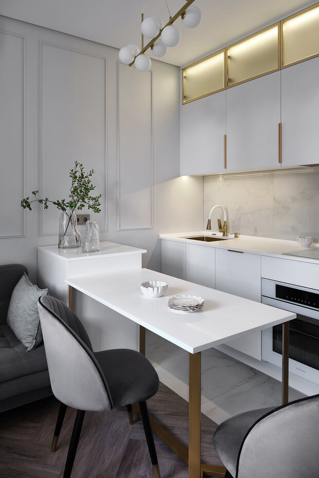 Фотография: Кухня и столовая в стиле Современный, Малогабаритная квартира, Квартира, Проект дня, Пермь, Монолитный дом, 2 комнаты, до 40 метров, современный с элементами классики и минимализмом, Арина Гринберг – фото на INMYROOM