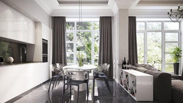 Фотография: Кухня и столовая в стиле Классический, Эклектика, Современный, Дом, Планировки, Miele, Мебель и свет, Белый, Минимализм, Черный, Красный, Бежевый, Серый, Голубой, Бирюзовый, Подмосковье, Дом и дача, MERIDIANI, Atlas Concorde, Villeroy & Boch, Hansgrohe, Delta Light, Barovier & Toso, Masiero, Studio Beam, Bonaldo, Regency Hob Grate, Mittel, Никита Морозов, KM Studio, Таунхаус – фото на INMYROOM