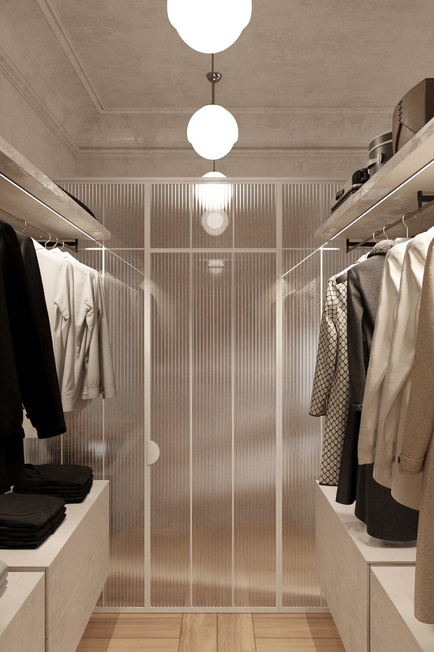 Основное хранение в спальне в виде гардеробного бокса. 