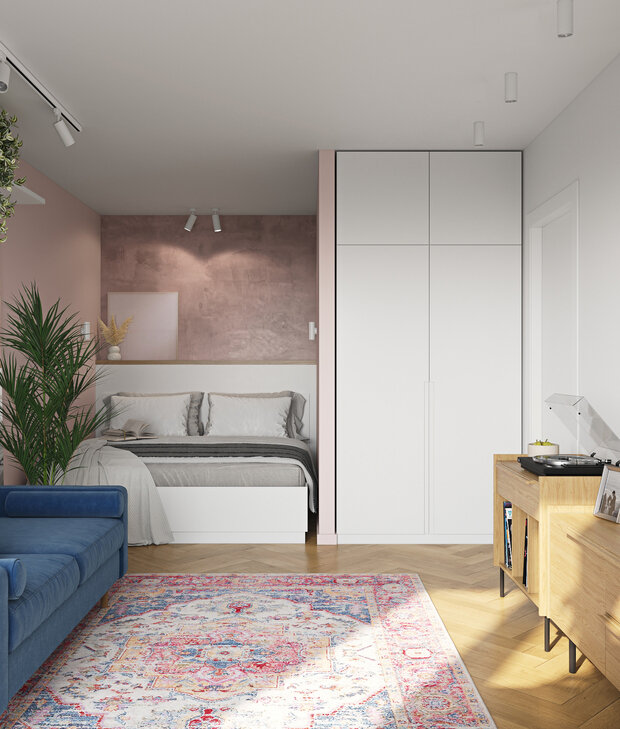 Фотография: Спальня в стиле Скандинавский, Современный, Минимализм, Малогабаритная квартира, Квартира, Проект дня, Москва, Кирпичный дом, 1 комната, до 40 метров, Винтажный, Анастасия Родина, II-18-01/09 – фото на INMYROOM