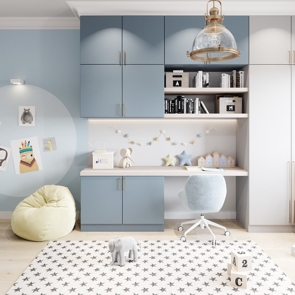 В детской использовали магнитное покрытие: на голубом круге на стене можно устроить мини-галерею.