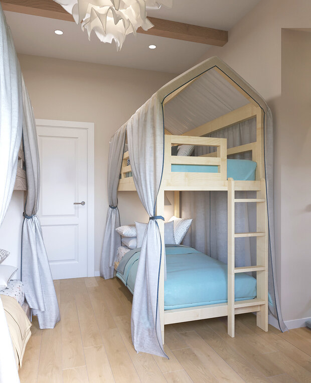 Интерьер детской в скандинавском стиле с двухъярусной кроватью-домиком