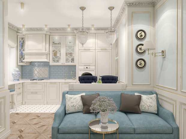 Фотография: Кухня и столовая в стиле Классический, Эклектика, Квартира, Проект недели, Москва, Яна Волкова, Юрий Волков, Студия Волковых, новостройка, Монолитный дом, 2 комнаты, 60-90 метров – фото на INMYROOM