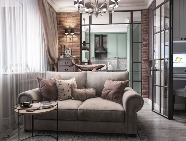 Фотография: Гостиная в стиле Прованс и Кантри, Квартира, Проект недели, Москва, Сталинка, Кирпичный дом, 1 комната, 2 комнаты, до 40 метров, Анна Лубкова – фото на INMYROOM