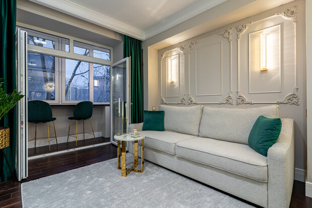 Фотография: Гостиная в стиле Классический, Современный, Малогабаритная квартира, Квартира, Проект недели, Москва, Сталинка, 2 комнаты, 40-60 метров, Gold Interiors – фото на INMYROOM