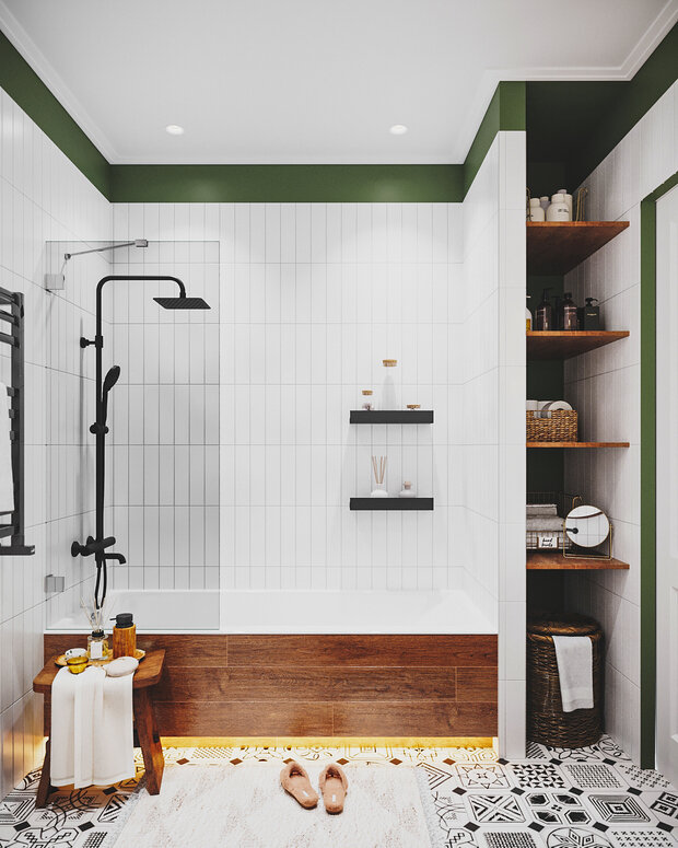 Чтобы подчеркнуть молодой дух и возраст заказчиков, дизайнеры положили на пол плитку с узором, ее как будто расписывали вручную: это отсылка к многочисленным росписям вручную в кафе и барах на острове Бали.