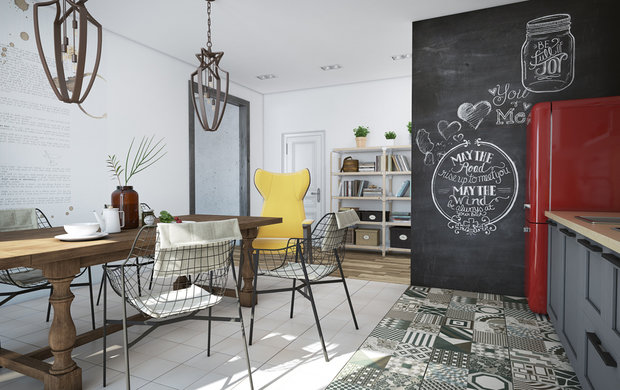 Фотография: Кухня и столовая в стиле Лофт, Современный, Квартира, Россия, Аксессуары, Gramercy Home, Vitra, Декор, Мебель и свет, Проект недели, Черный, Красный, Бежевый, Желтый, Синий, Серый, Ligne Roset, Бирюзовый, Коричневый, Санкт-Петербург, Poliform, Porcelanosa, Laufen Palomba Collection, Savoy House Windsung, Fendi Casa, Varaschin, DIESEL, В&В Italiа, Eden, Iris, Tolix, Наташа Янсон, I Am Home, апартаменты для двоих, зал для йоги, кухня-гостиная – фото на INMYROOM