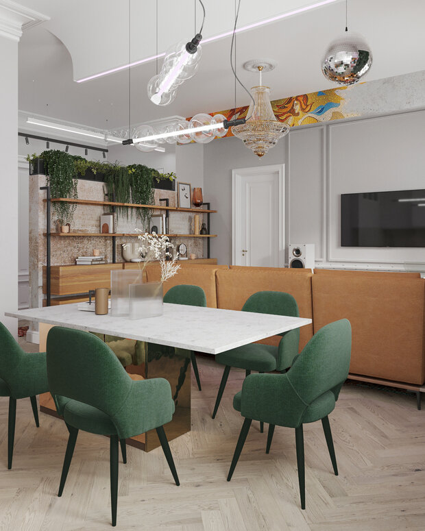 В связи с изменением планировки на потолке остались несущие балки, которые нужно было как-либо обыграть. В итоге на одной из балок сделали мозаику в стиле СССР, на другой провели светодиодную ленту, которая будет менять цвет.