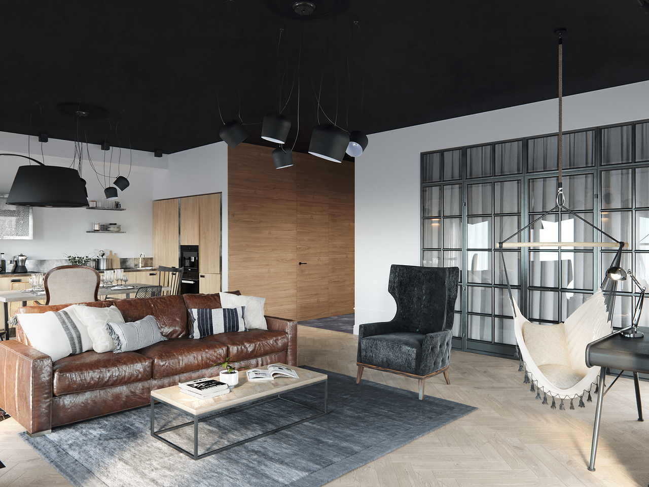 Фотография: Гостиная в стиле Лофт, Эклектика, Квартира, Минимализм, Проект дня, Черный, Подмосковье, дерево в интерьере, инженерная доска, черный потолок в интерьере, 2 комнаты, 60-90 метров, Монолитно-кирпичный, Анна Сухая, коттеджный поселок Западная Долина – фото на INMYROOM Фотография: Гостиная в стиле Лофт, Эклектика, Квартира, Минимализм, Проект дня, Черный, Подмосковье, дерево в интерьере, инженерная доска, черный потолок в интерьере, 2 комнаты, 60-90 метров, Монолитно-кирпичный, Анна Сухая, коттеджный поселок Западная Долина – фото на INMYROOM