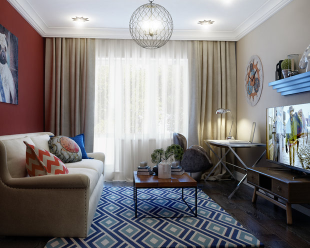 Фотография: Гостиная в стиле Скандинавский, Эклектика, Классический, Современный, Квартира, Аксессуары, BoConcept, Eichholtz, Harlequin, KARE Design, Kuppersbusch, Restoration Hardware, SMEG, Vitra, Декор, Мебель и свет, Белый, Проект недели, Москва, Красный, Бежевый, Синий, Коричневый, Porada, KARTELL, Curations Limited, Rosbri, Delta Light, Farrow & Ball, TopCer, Мила Колпакова, Devon Devon, Samsung, Robert Kelly, Sonneman Lighting, Apple, Currey & Company, Timothy Oulton, Etsy, Solidfloor, Аscot CERAMICHE, One Kings Lane, Bandini, однушка в американском стиле, красный и синий в отделке, П-44 – фото на INMYROOM