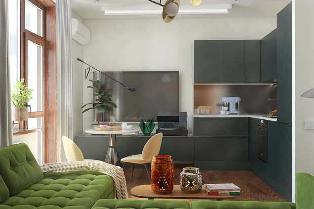 Фотография: Кухня и столовая в стиле Скандинавский, Современный, Квартира, Минимализм, Проект недели, Москва, 1 комната, 40-60 метров, Монолитно-кирпичный, Манана Хучуа, ЖК «на Симоновском» – фото на INMYROOM