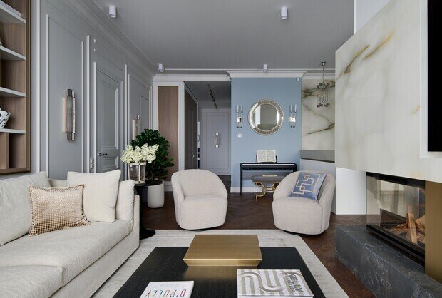 Фотография: Гостиная в стиле Классический, Современный, Квартира, Проект дня, 3 комнаты, Более 90 метров, Эксклюзивные проекты, современный с элементами неоклассики, Новосибирская область, Кольцово – фото на INMYROOM