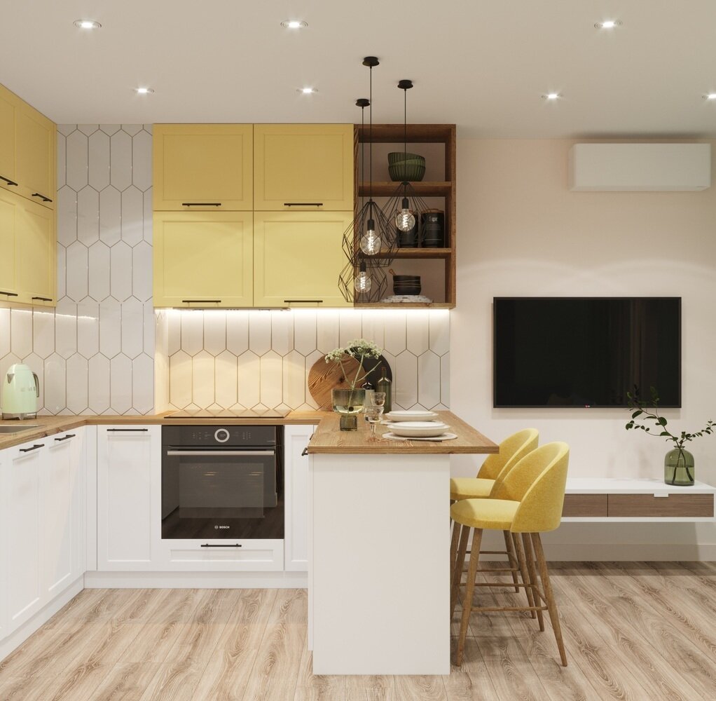 Напольное покрытие в прихожей, кухне-гостиной и в спальне — ламинат, в санузле — керамогранит. На стенах во всех помещениях, кроме санузла — гладкие обои под покраску. Потолки во всех помещениях — натяжное полотно белого цвета. Напольное покрытие в прихожей, кухне-гостиной и в спальне — ламинат, в санузле — керамогранит. На стенах во всех помещениях, кроме санузла — гладкие обои под покраску. Потолки во всех помещениях — натяжное полотно белого цвета.