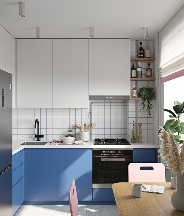 На кухне сделали шкафчики до потолка, чтобы увеличить количество мест хранения.