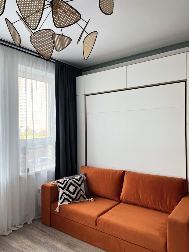 Фотография: Гостиная в стиле Скандинавский, Современный, Минимализм, Малогабаритная квартира, Студия, Проект недели, Красногорск, Монолитный дом, Путилково, до 40 метров, Елена Мухачева – фото на INMYROOM