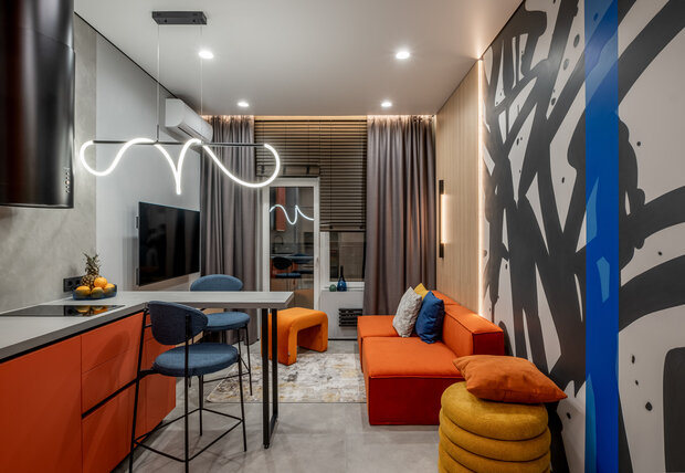 Фотография: Гостиная в стиле Современный, Квартира, Проект дня, Москва, 2 комнаты, 60-90 метров, современный с элементами минимализма и арт-деко, Маргарита Макурина – фото на INMYROOM