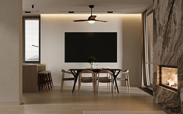 Визуализация интерьера кухни и столовой в стиле минимализм с элементами джапанди