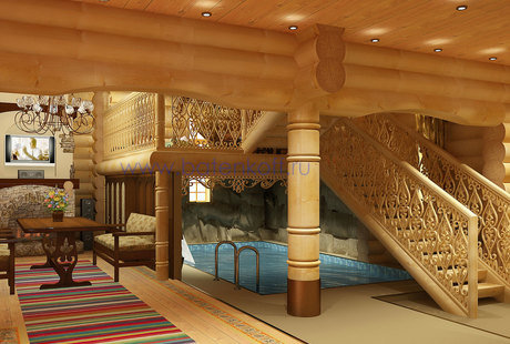 Дизайн бассейна в деревянном доме из бревна