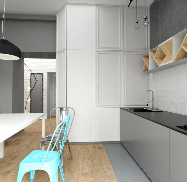 Фотография: Кухня и столовая в стиле Лофт, Скандинавский, Квартира, Белый, Проект недели, Синий – фото на INMYROOM