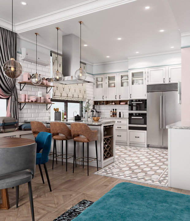 Фотография: Кухня и столовая в стиле Эклектика, Классический, Современный, Квартира, Проект недели, Москва, Татьяна Безверхая, 4 и больше, Более 90 метров, Монолитно-кирпичный – фото на INMYROOM