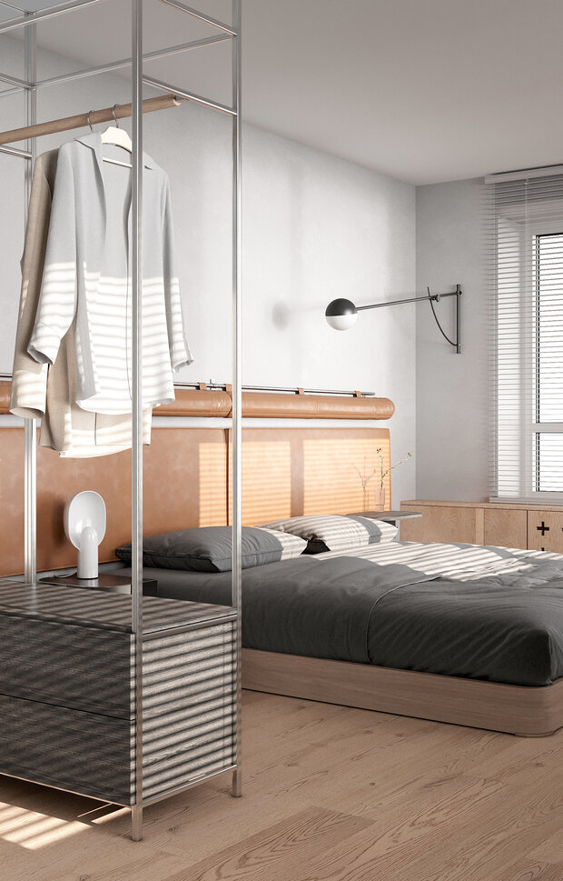 Визуализация интерьера спальни в стиле минимализм с элементами джапанди