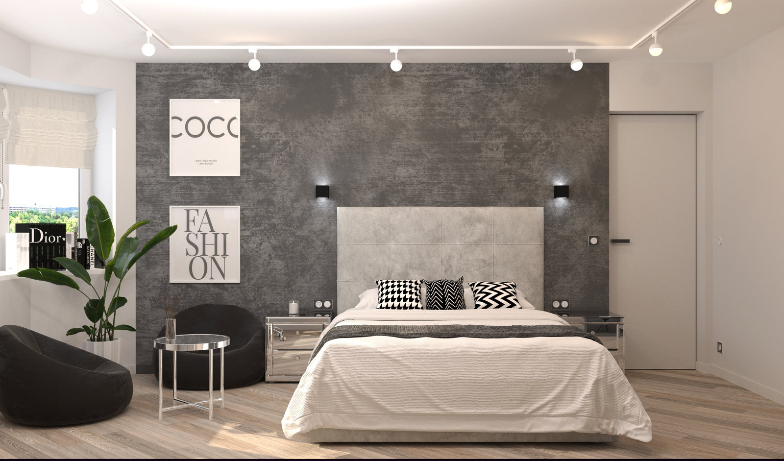 Акцентная стена — декоративная штукатурка в технике «гранж бетон».