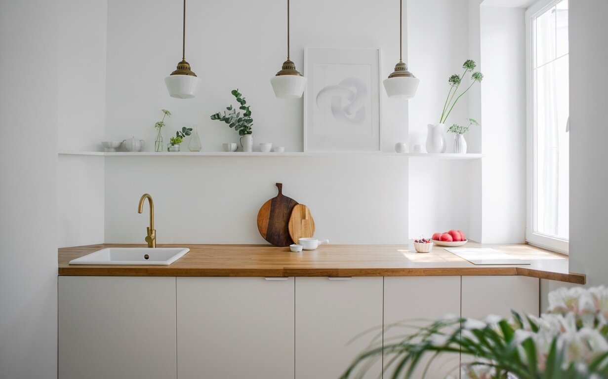 От фартука и верхних шкафов отказались, чтобы растворить кухню в пространстве.