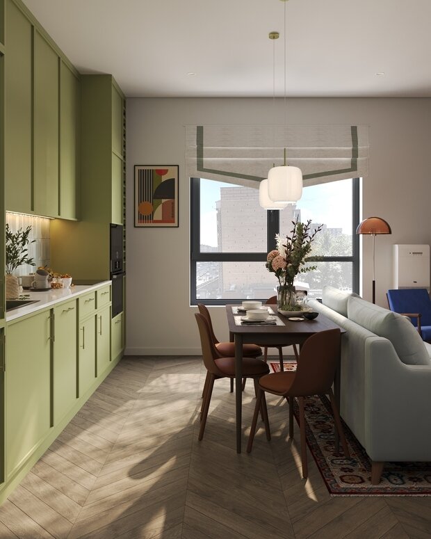 Фотография: Кухня и столовая в стиле Современный, Квартира, Проект дня, Москва, Монолитный дом, 40-60 метров, ЖК «Holland Park», Гера Остин, Анна Лаковская – фото на INMYROOM
