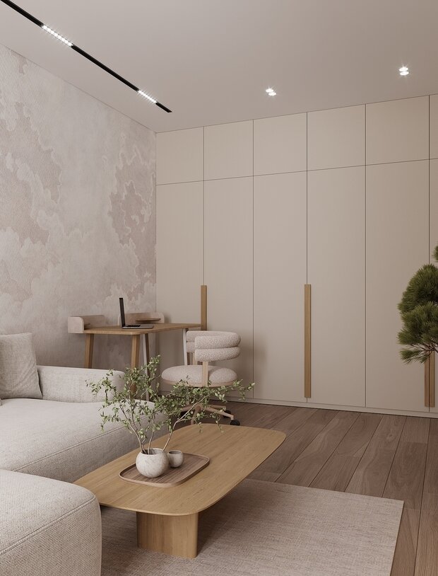 Визуализация гардеробной в стиле Джапанди с элементами минимализма