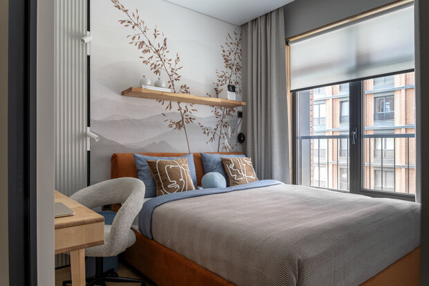 Фотография: Спальня в стиле Современный, Малогабаритная квартира, Квартира, Проект дня, 1 комната, Монолитно-кирпичный, Юлия Волкова – фото на INMYROOM
